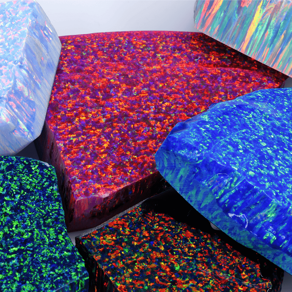 Vivid red and blue Bello Opal lab-grown synthetic opal slabs